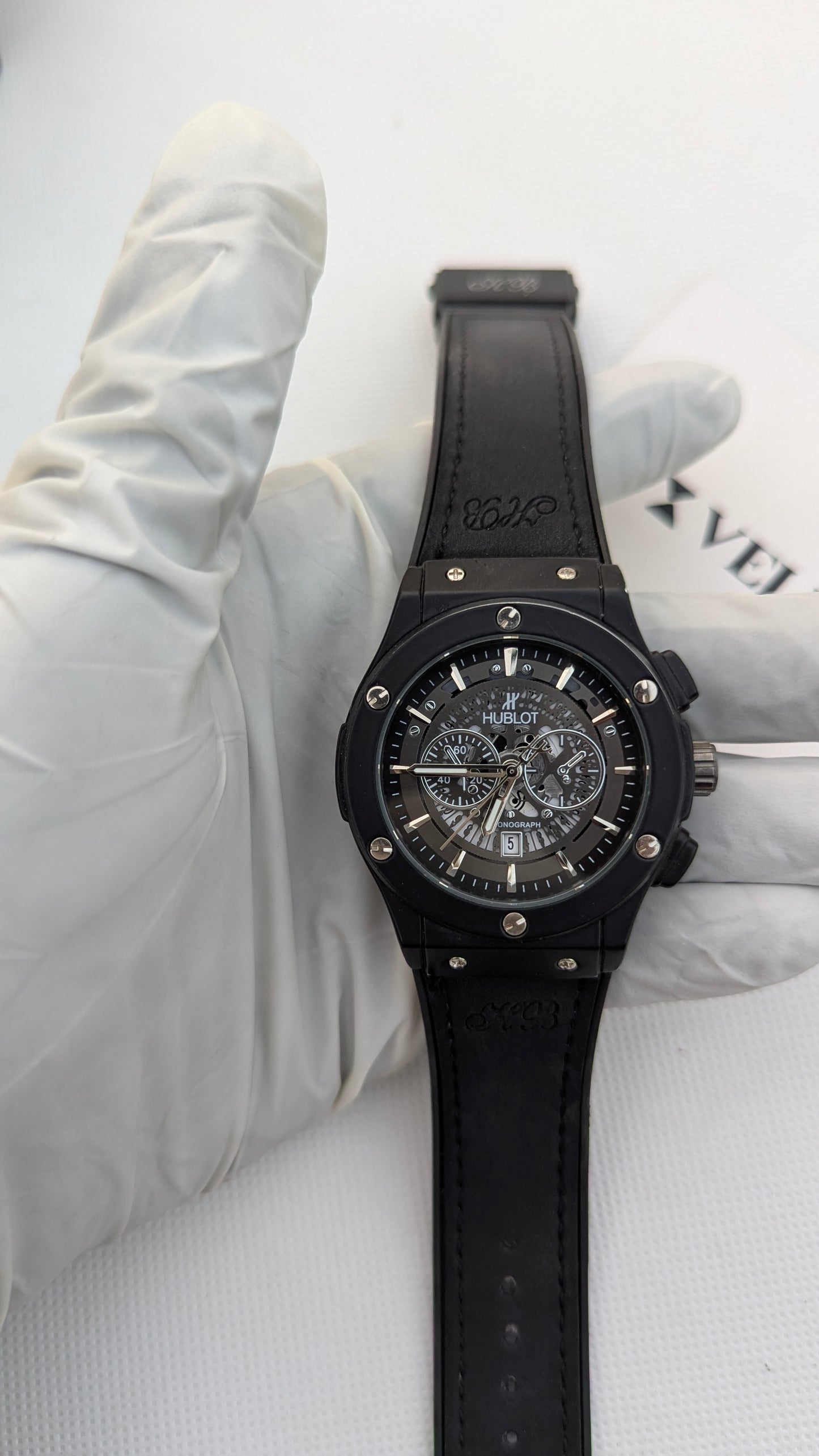 HB Matte Black Skeleton Leather Watch
