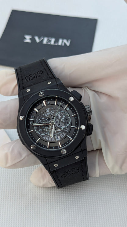 HB Matte Black Skeleton Leather Watch