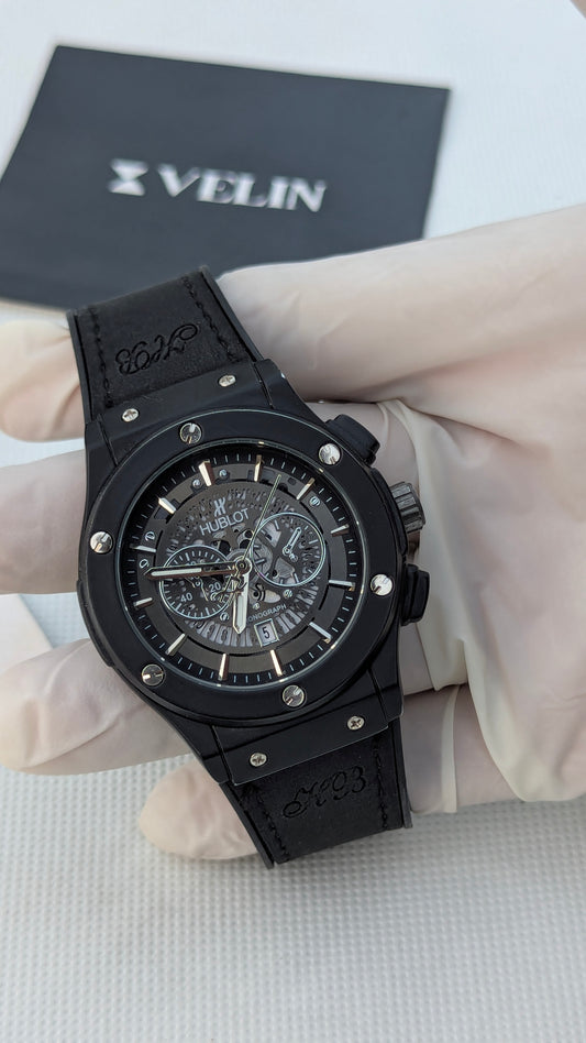 HB Matte Black Skeleton Leather Watch