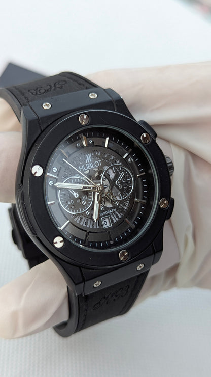 HB Matte Black Skeleton Leather Watch