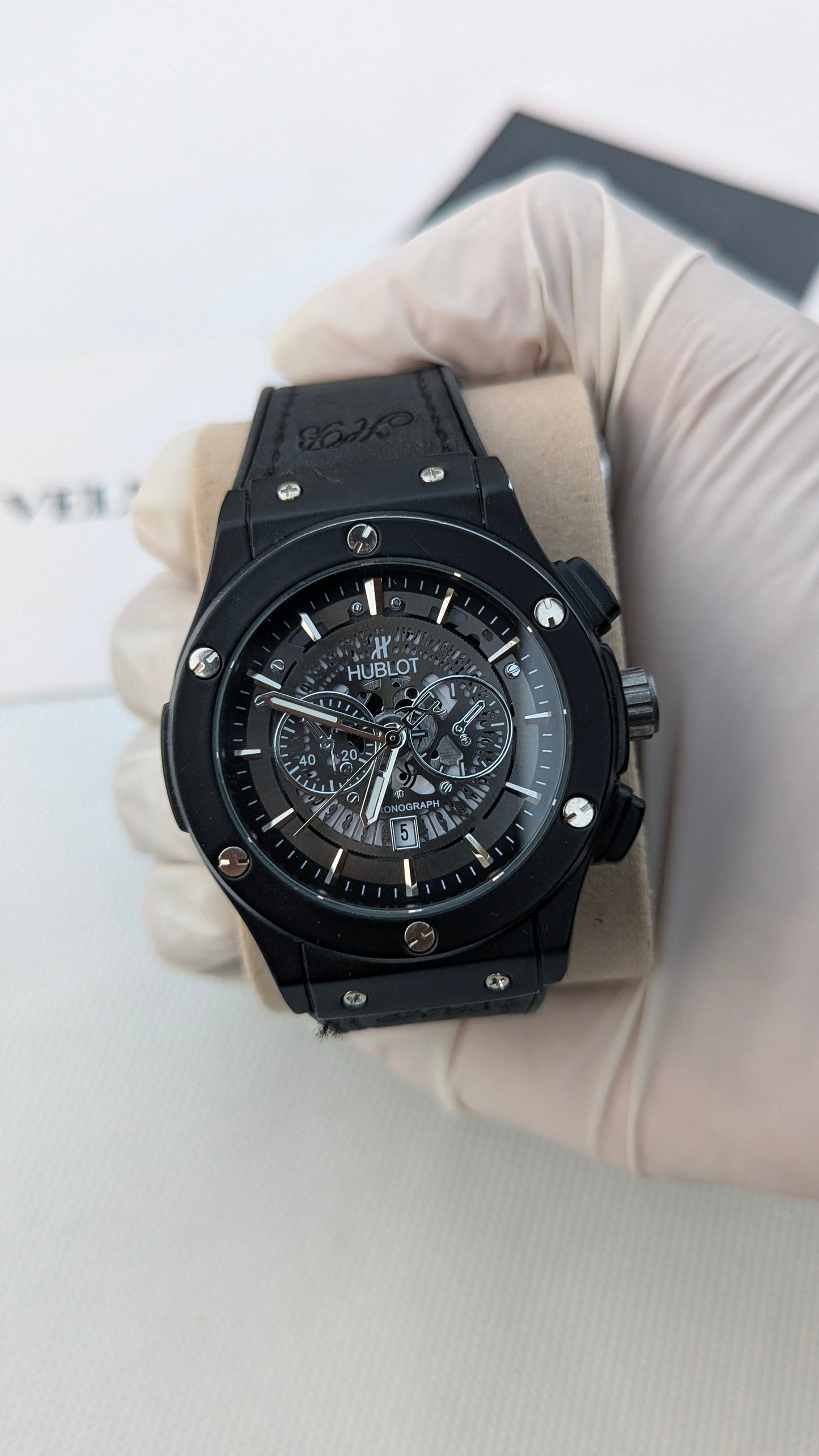 HB Matte Black Skeleton Leather Watch