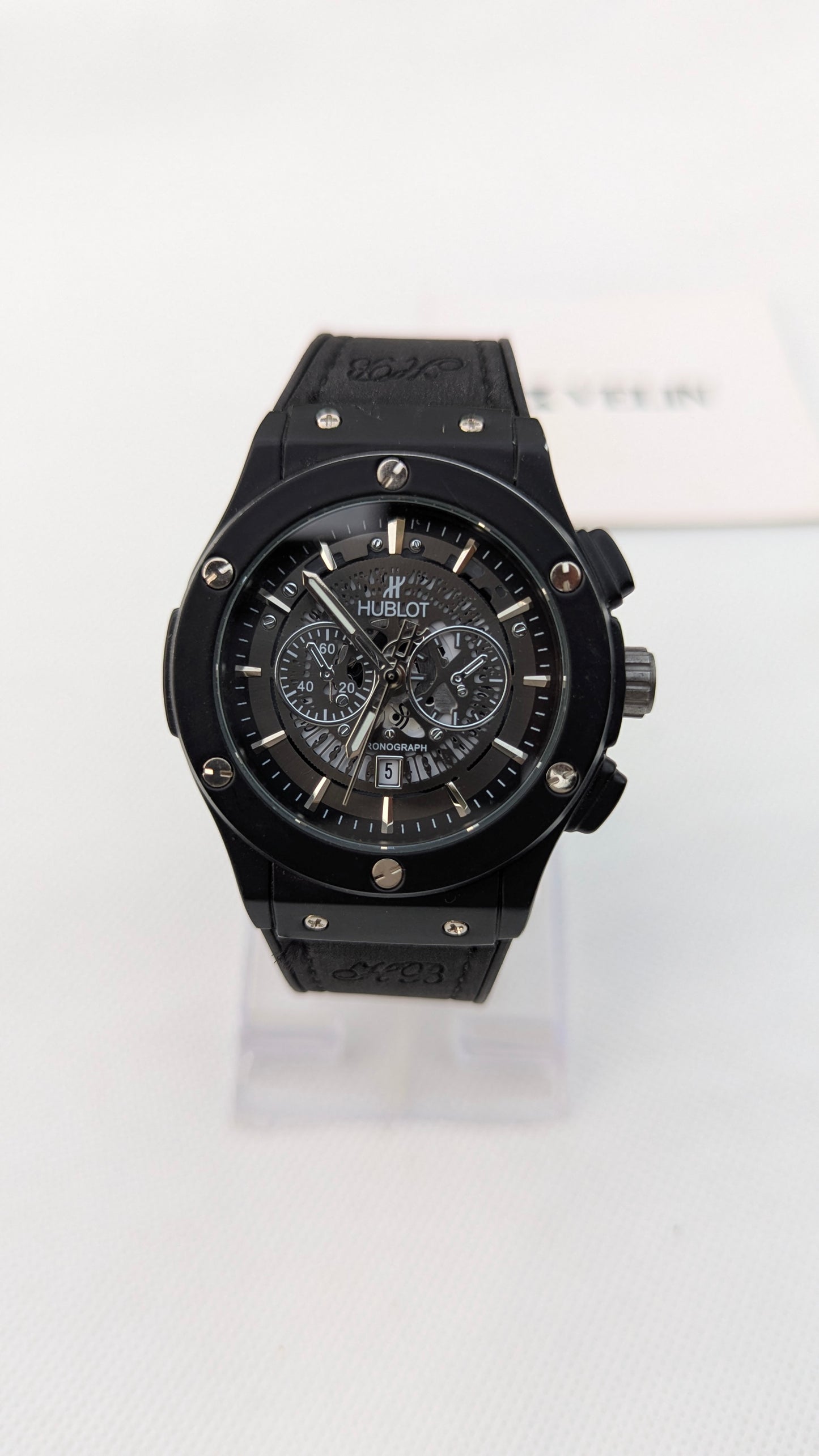HB Matte Black Skeleton Leather Watch