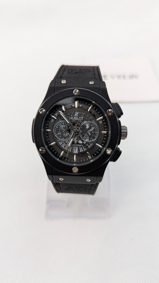 HB Matte Black Skeleton Leather Watch