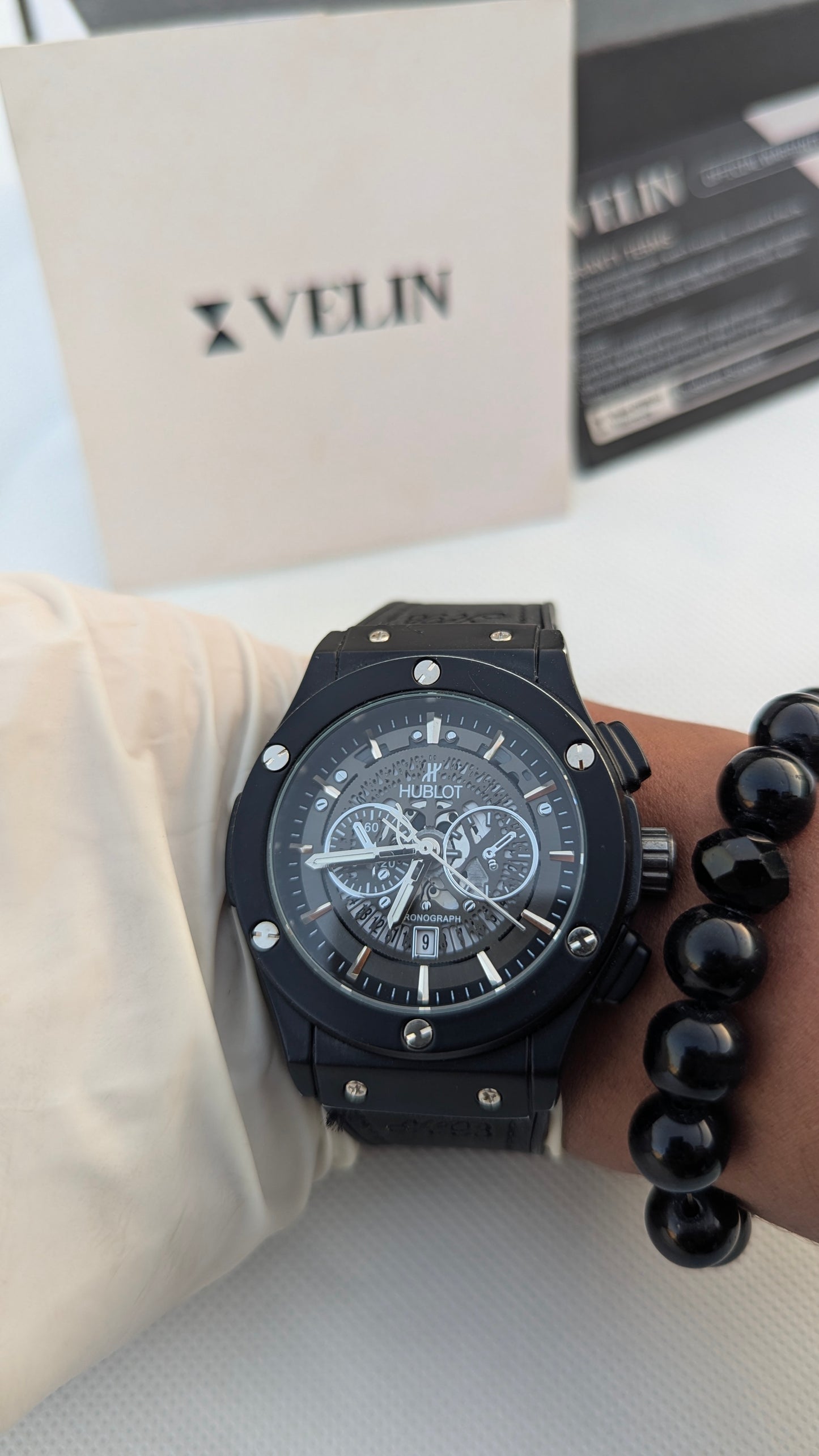 HB Matte Black Skeleton Leather Watch