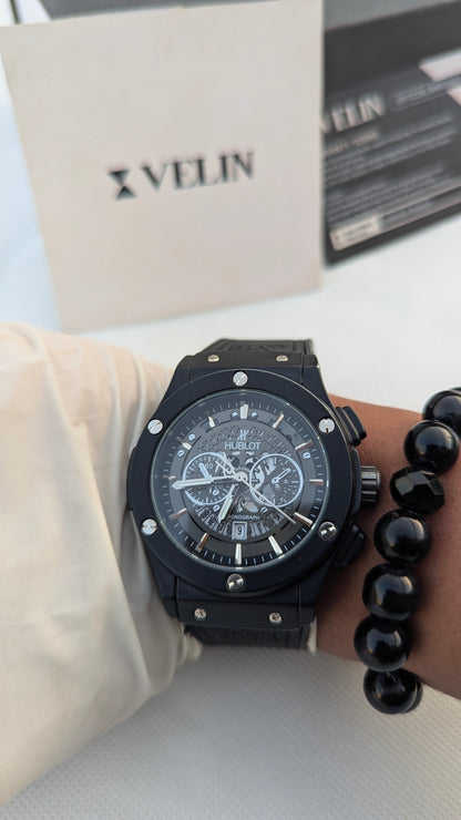 HB Matte Black Skeleton Leather Watch