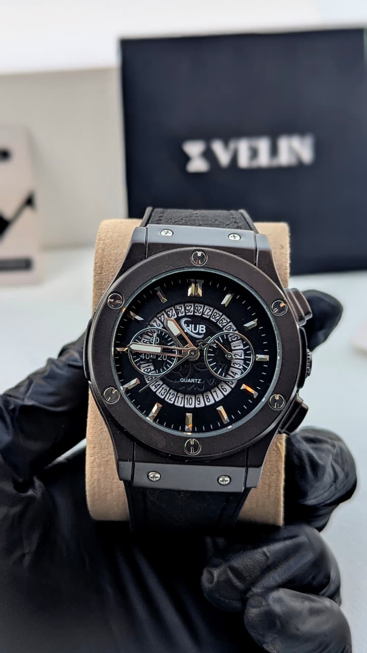 HB Black Hologram Leather Branded Watch